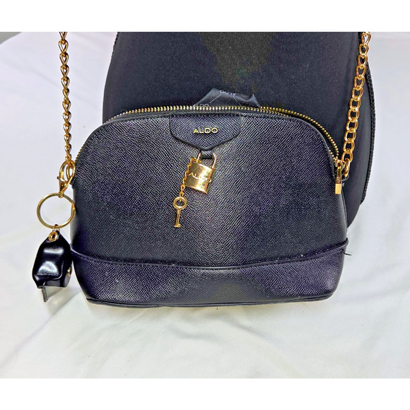 ALDO Black Dome Crossbody Purse Gold Chain Strap Lock & Key Charm - Picture 3 of 7
